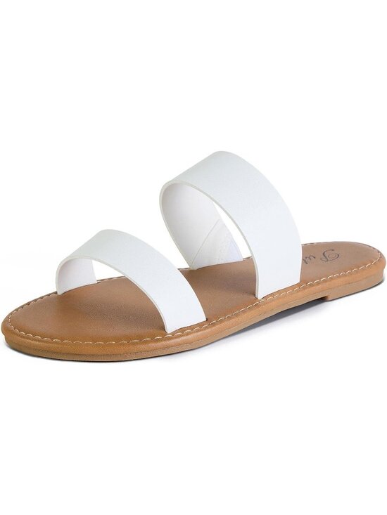 Shoes - Women's White Two Strap Beach Vacations Casual Slide Slip on Flat Sandal Shoes